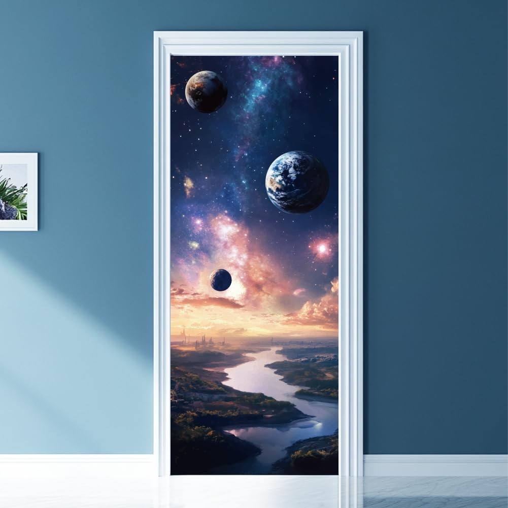 2 Sheets Planet -Adhesive Door Sticker, 31.5×78.7inch Milky Way Starry Sky Do…
