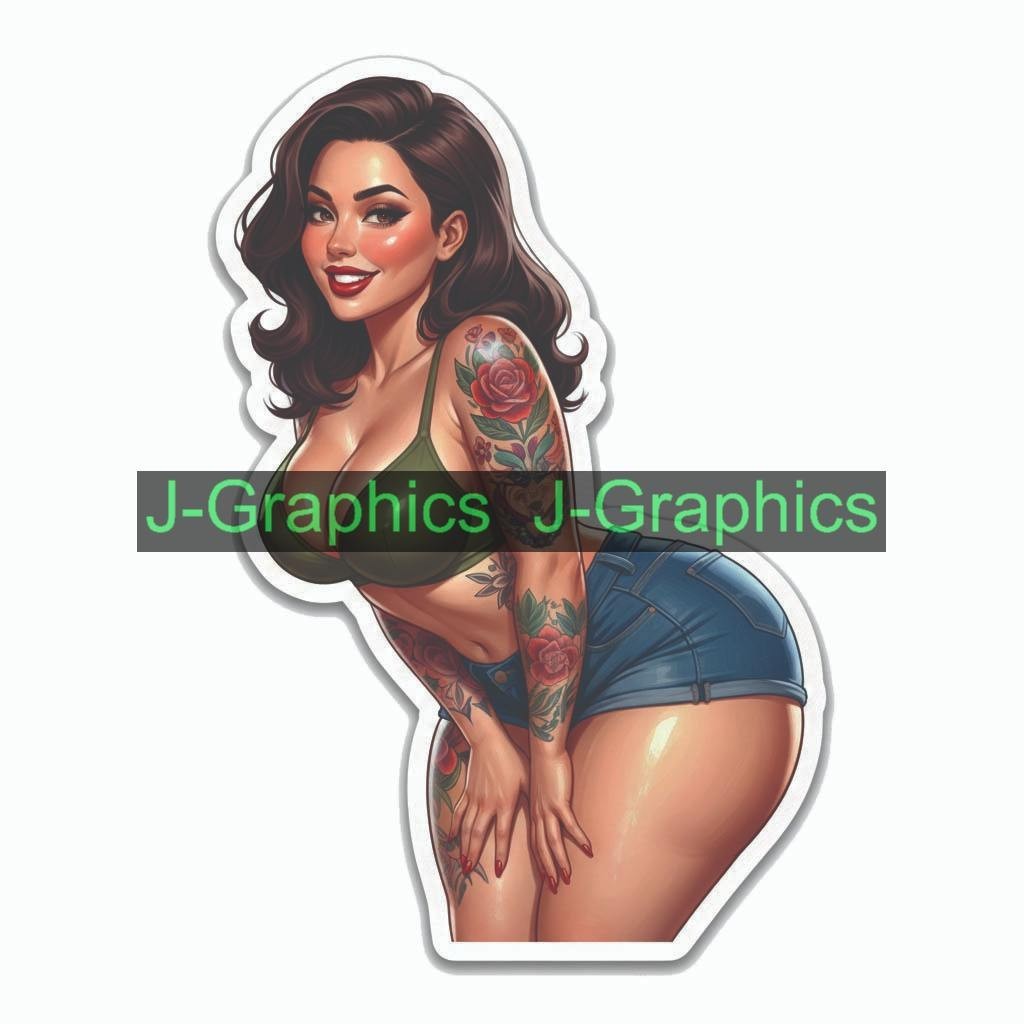 Pinup girl push sticker vinyl decal corset busty cheeky sexy seductive H
