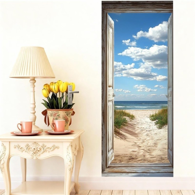 Beach Door Mural Rustic Ocean View Door Sticker Seaside Path Home Decoration New