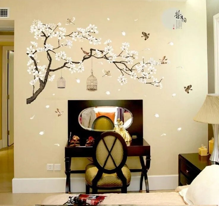Amaonm Chinese Style White Flowers Black Tree and Flying Birds Wall Stickers NEW