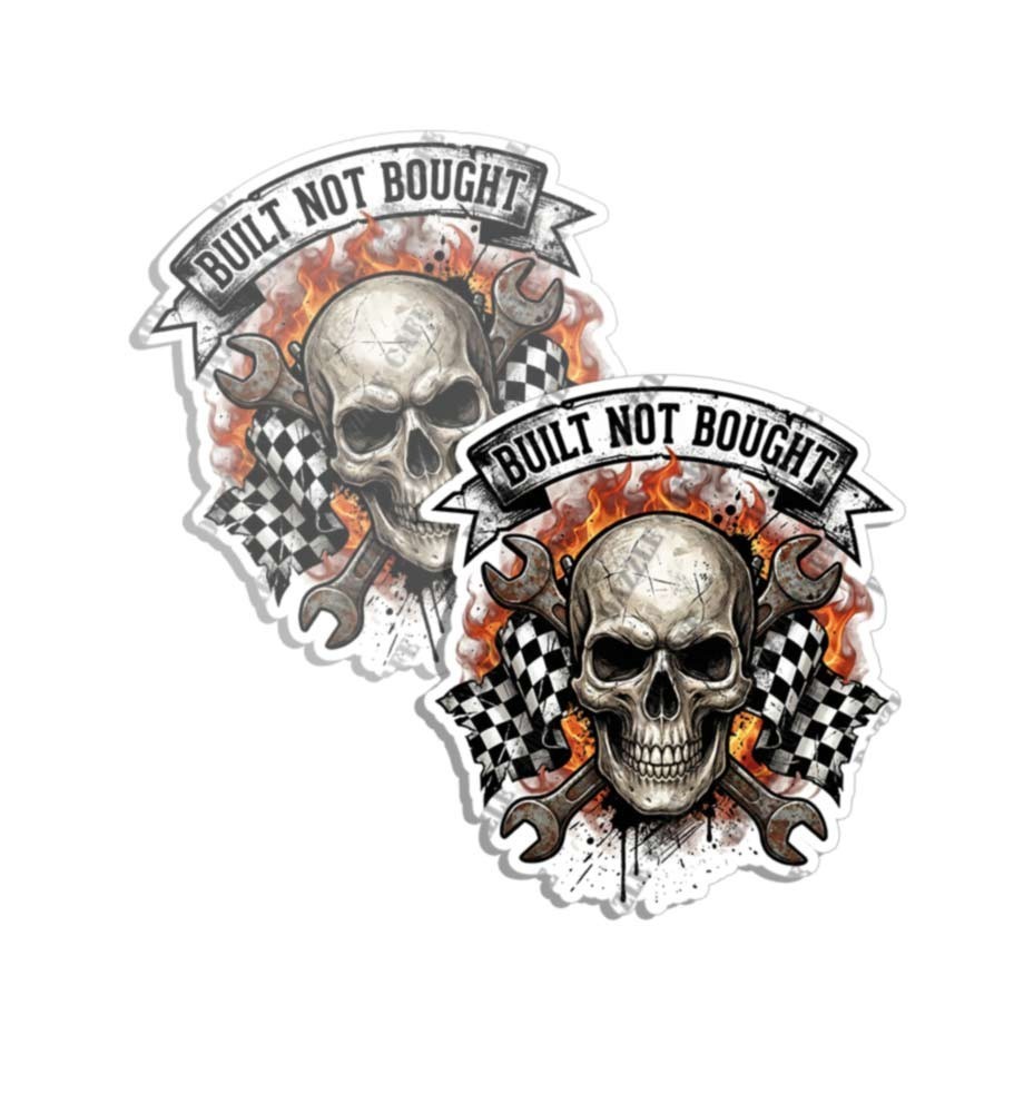 Built Not Bought Decal Checkered Flag Skull Tool Box Bumper Sticker Mechanic 2PK