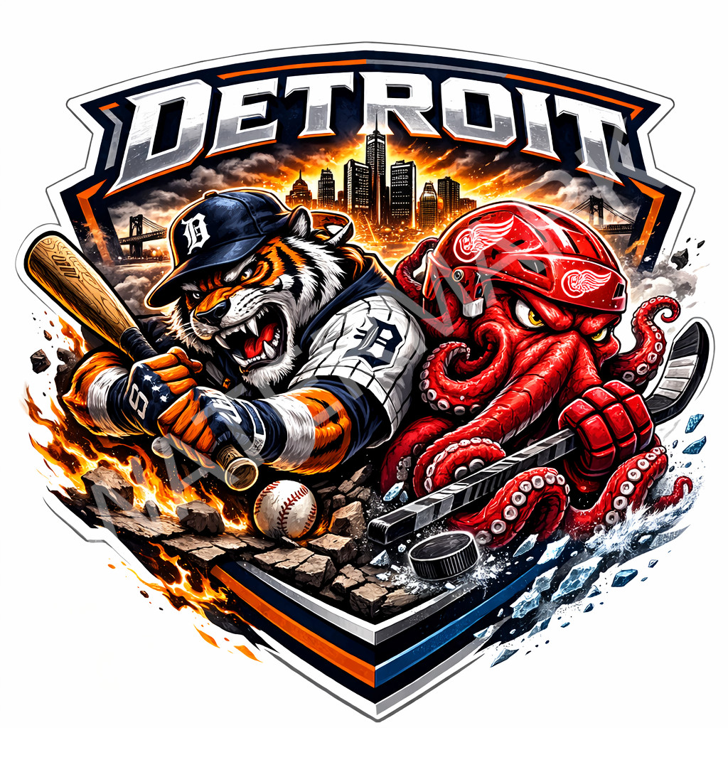 Detroit Sports Mashup Laminated Vinyl Sticker/Decal – Tigers Red Wings 03