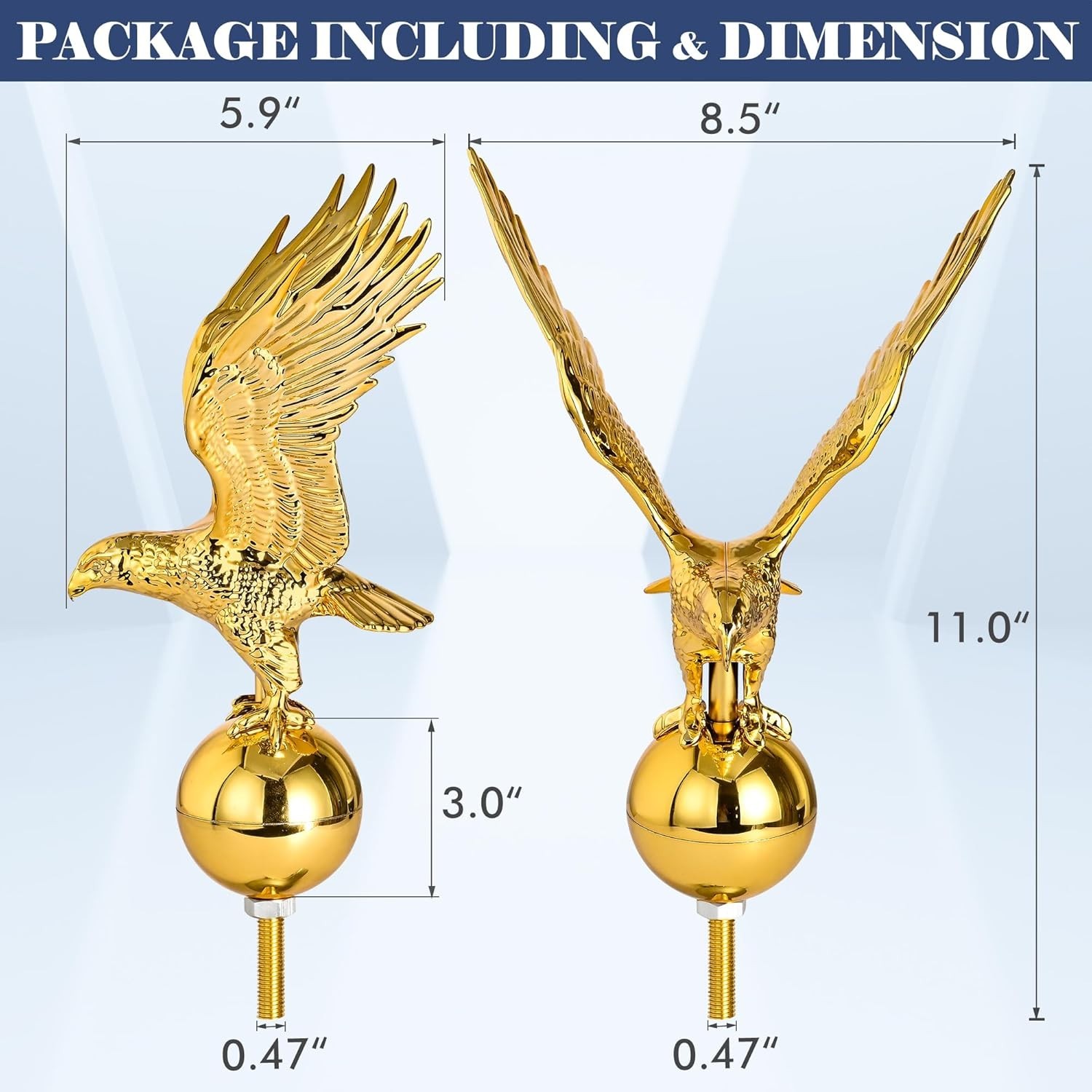 Gold Flag Pole Eagle Topper 11″, Gold Ball Topper 3″,1/2″-13 Threaded Screw w/He