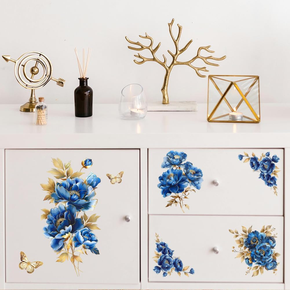 Rub on Transfer Sticker for Furniture Crafts Decor 6″X12″ Blue and Gold Peonies