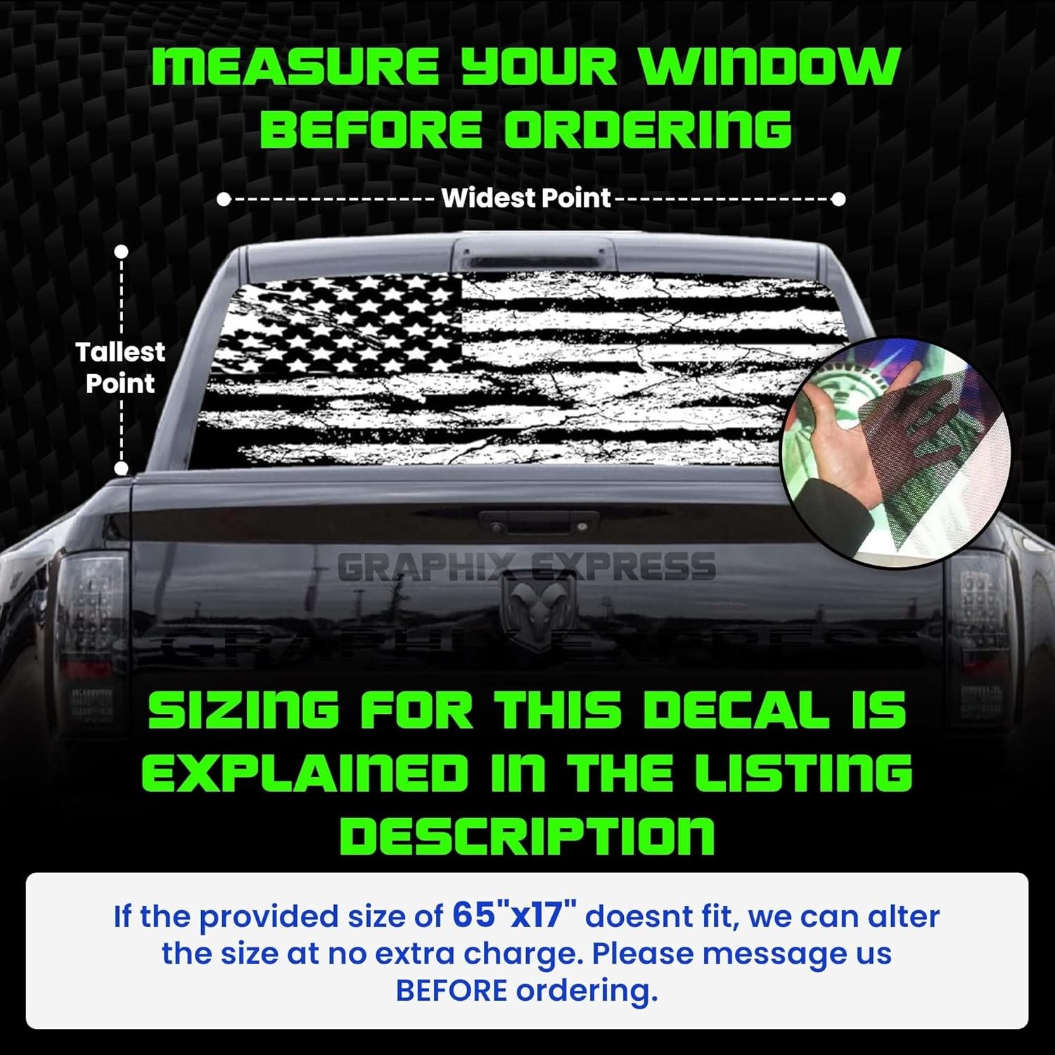 GRAPHIX EXPRESS Truck Back Window Graphics – Black and White American Flag Decal