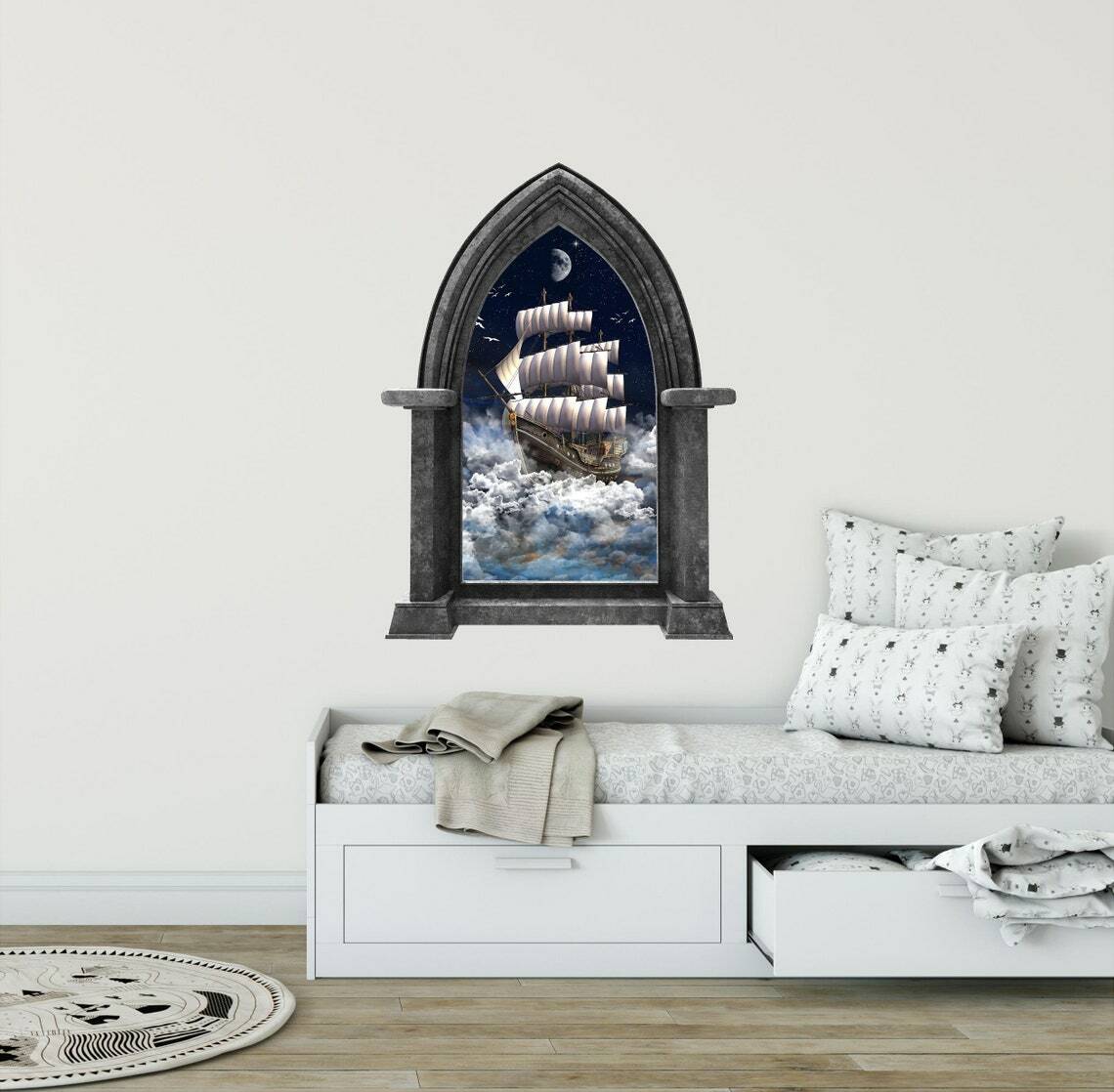 CastleScape Pirate Ship Clouds Wall Decal Stone Castle Window Vinyl Wall Sticker