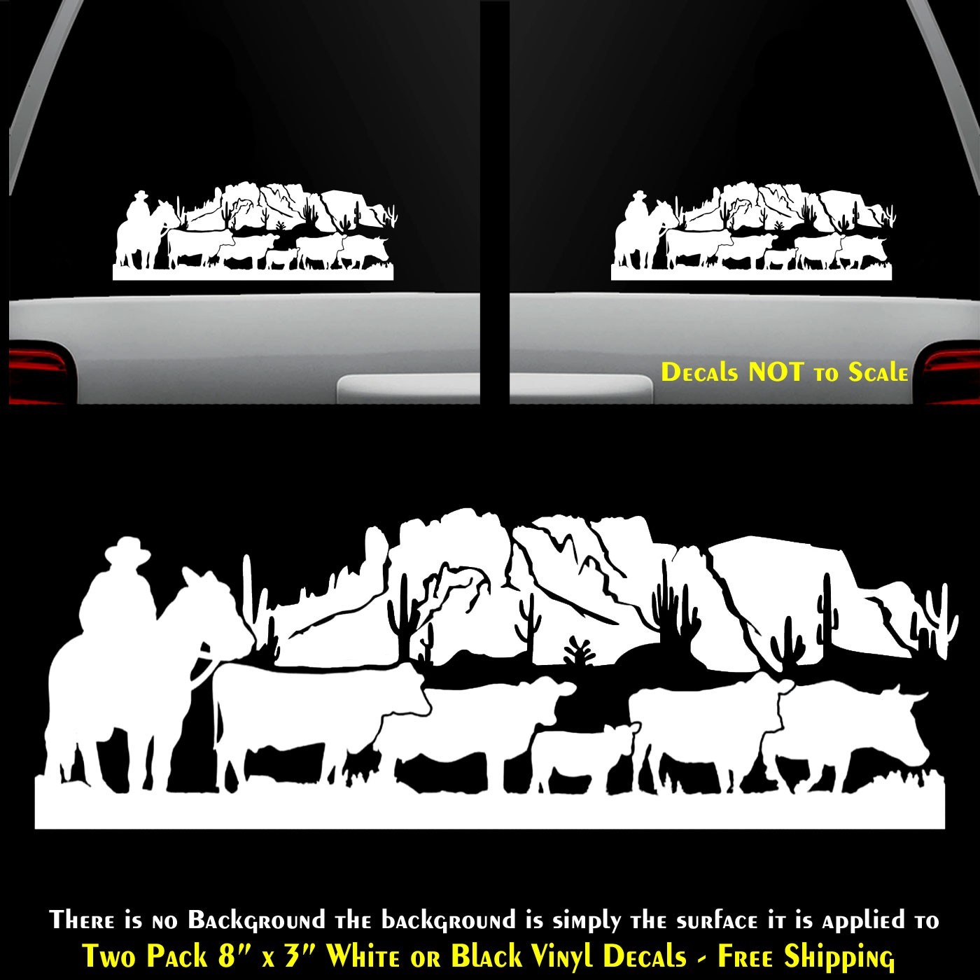 Cowboy Cattle Drive Cow Ranch Cactus Desert 2 Pack 8″ x 3″ Vinyl Decals Vehicles