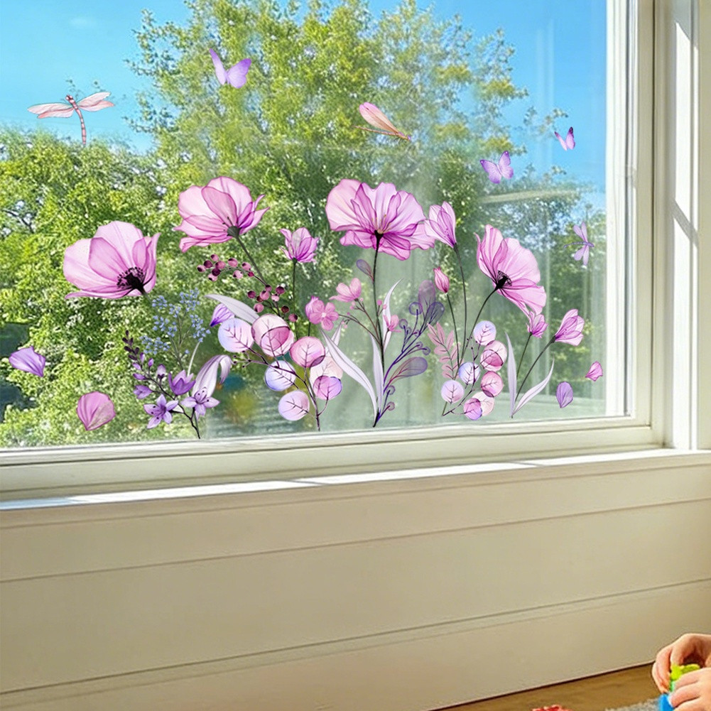 Double Sided Purple Floral Butterfly Static Window Sticker PVC Material