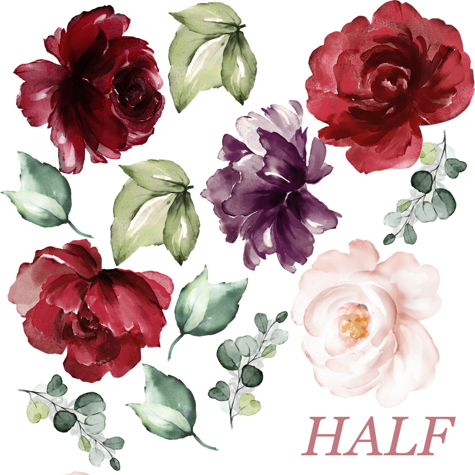 Floral Burgundy Peony Rose Removable Wall Fabric Decal Set Sticker Blooms Decor