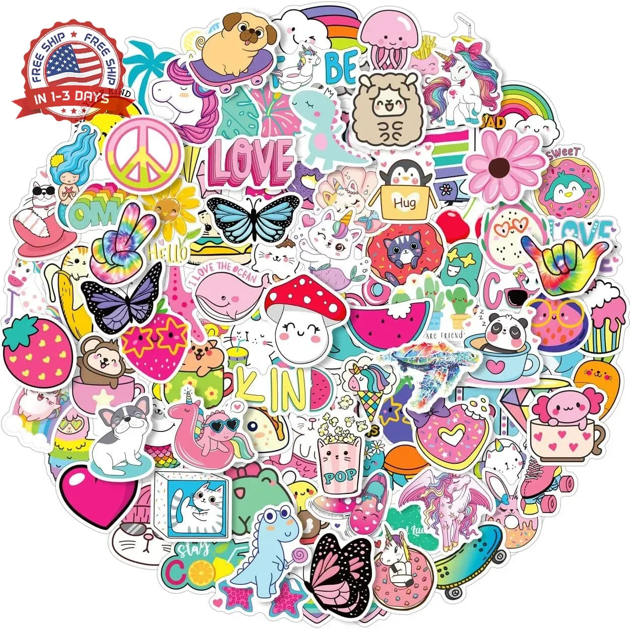 Water Bottle Stickers for Kids, 100 PCS Waterproof Cute Fun Vinyl Stickers Pack