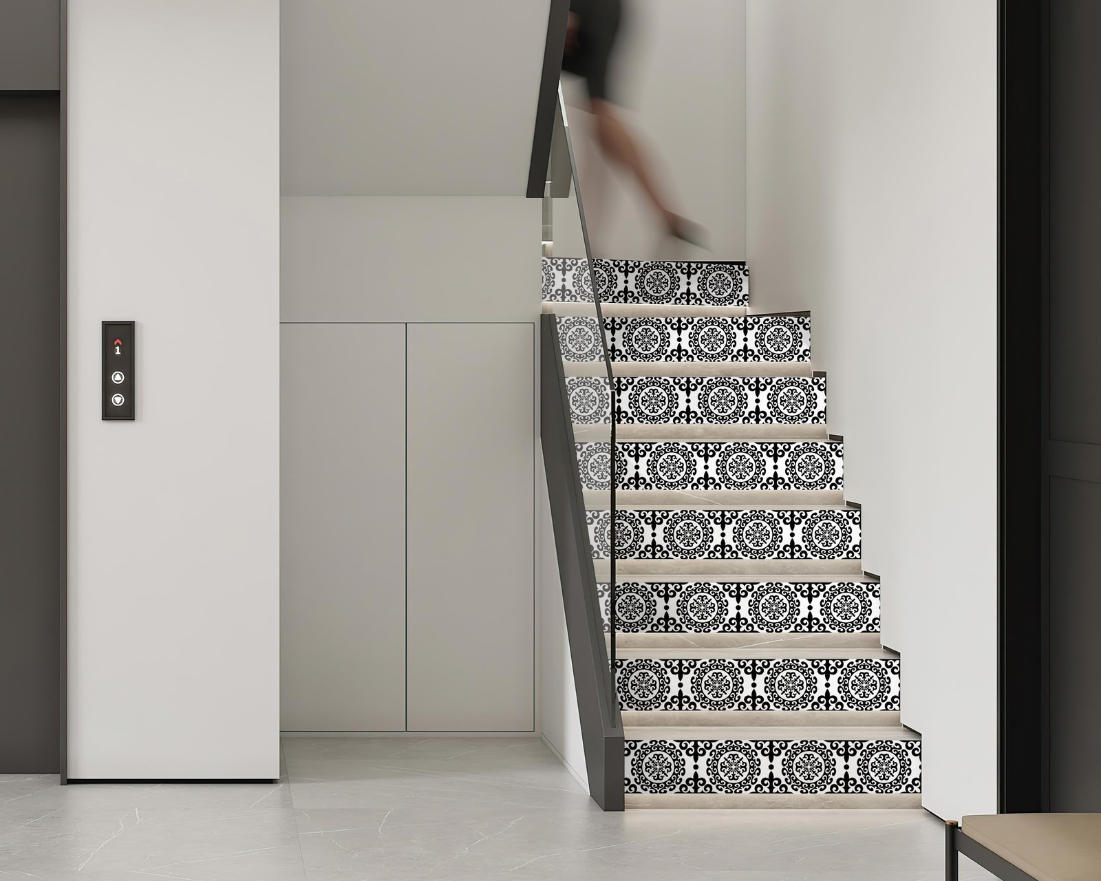 Decorative Stair Riser Decals, Classical Black and White Damask Pattern, -Adh…