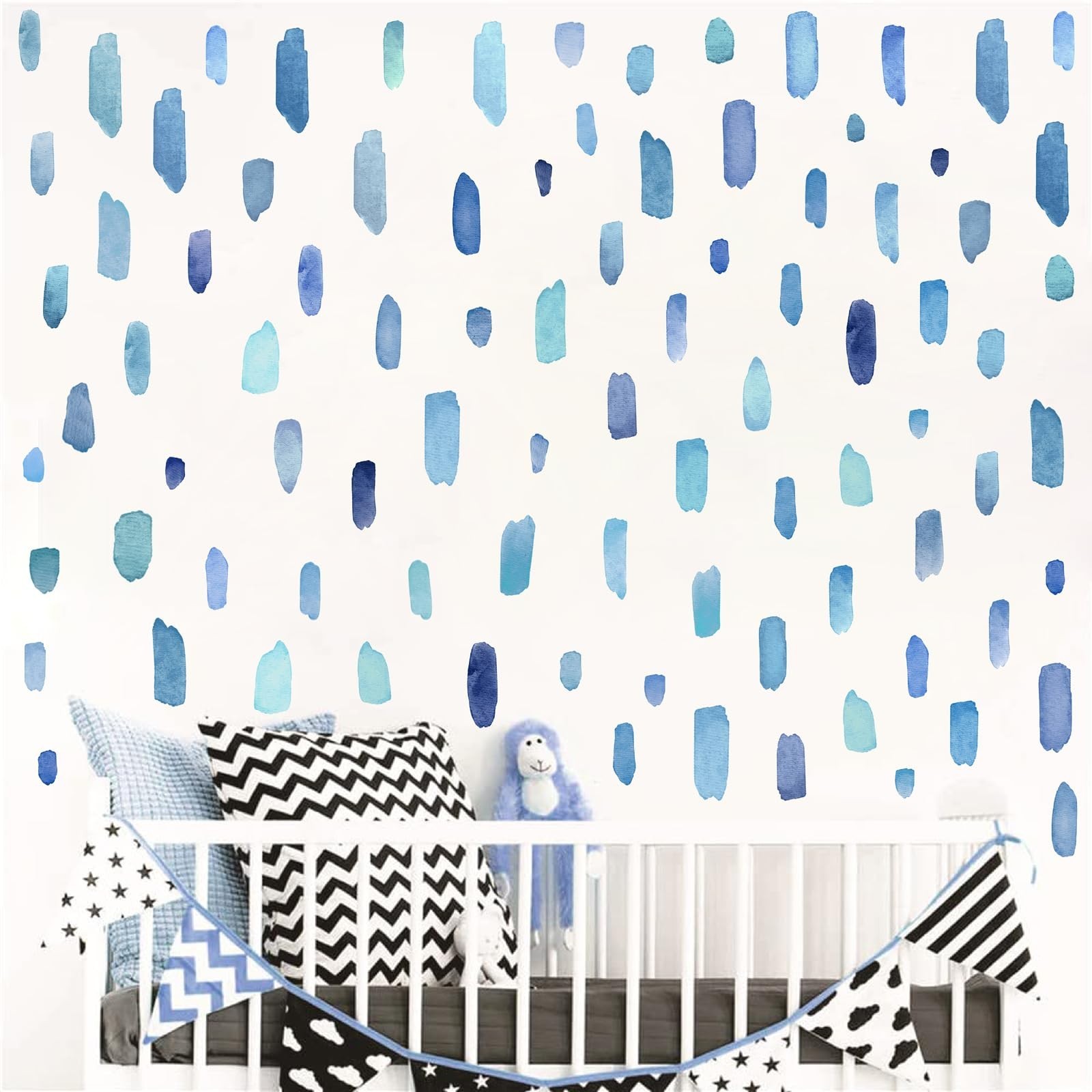 Boho Watercolor Wall Stickers – Removable Blue Stripes Decals for Kids’ Room, Nu