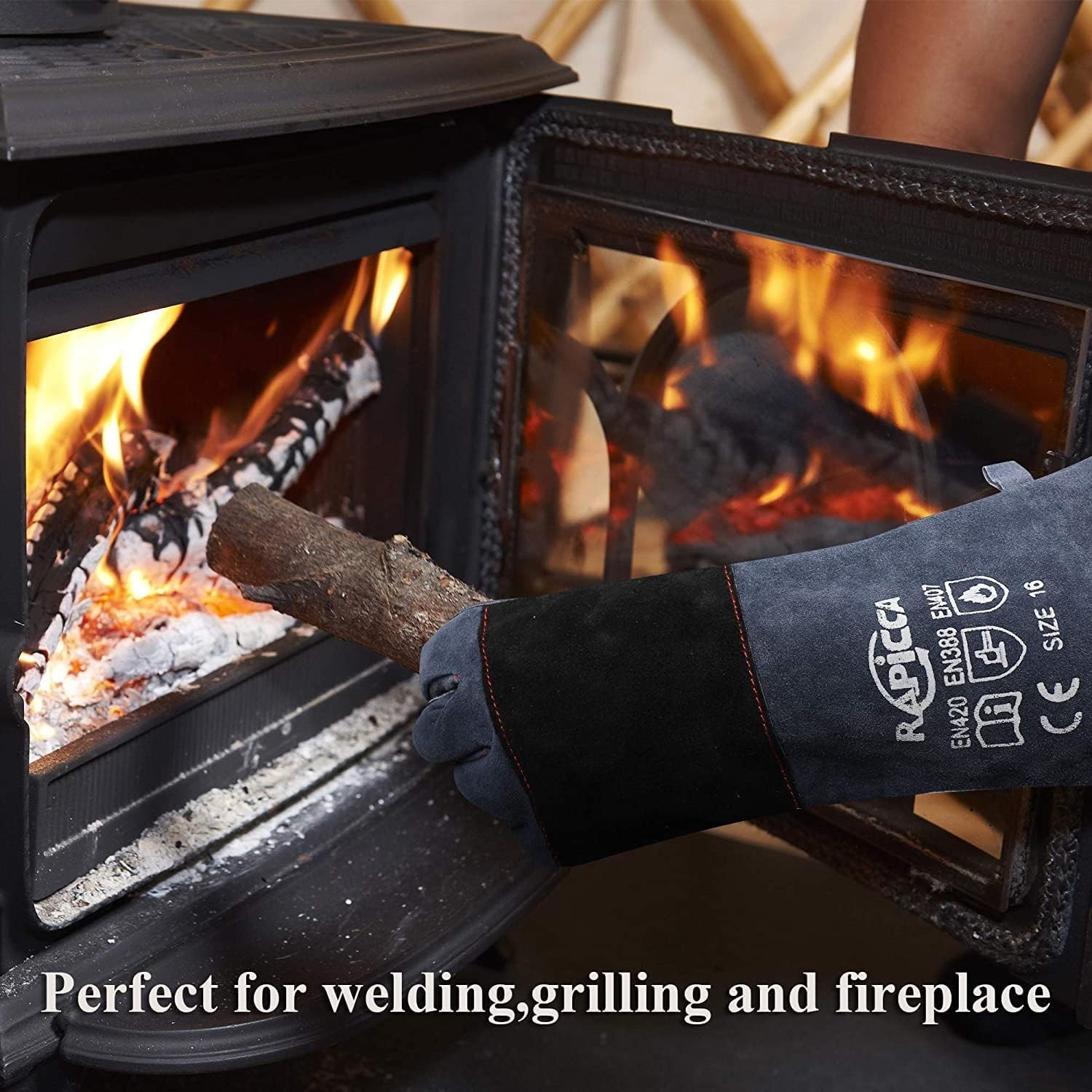 Fireplace Gloves Fire Heat Resistant: Dark-Grey 16IN 932℉ – Fireproof Leather fo