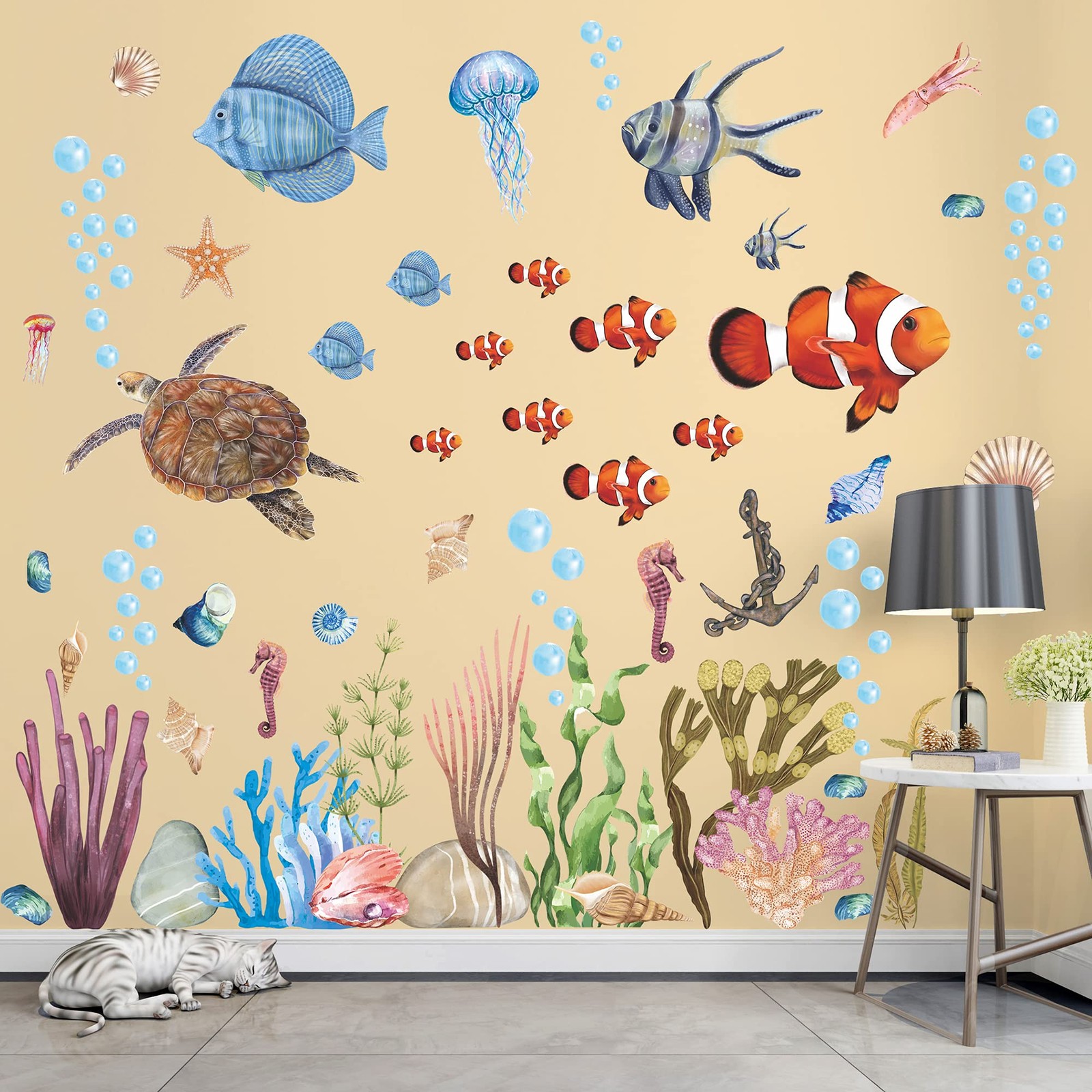 3D Ocean Wall Stickers Under The Sea Decals 12 inch x 18 inch, Blue