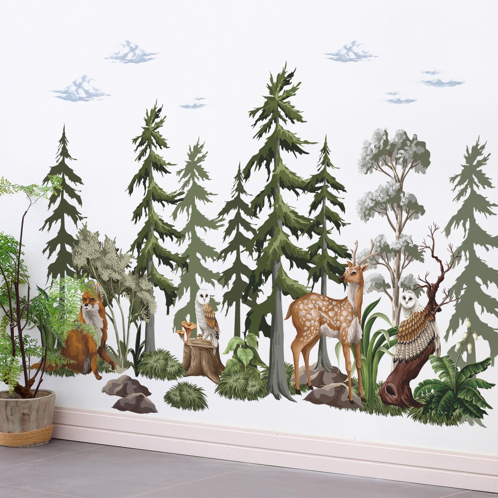 37×58.3 Inch Large Mountain Forest Tree Wall Decals Removable Woodland Animal…