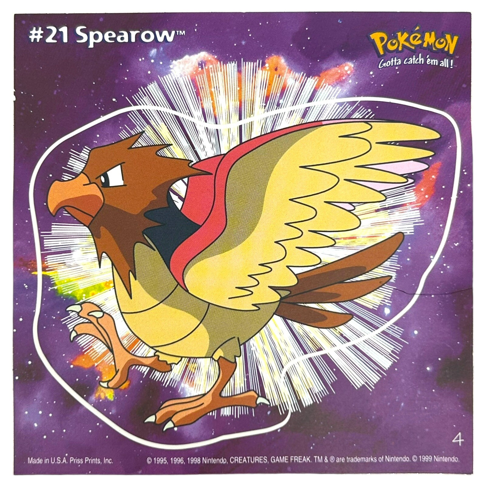 Pokemon Collect ‘em Stick-Ups Spearow #21 Large 4” Sticker Priss Prints