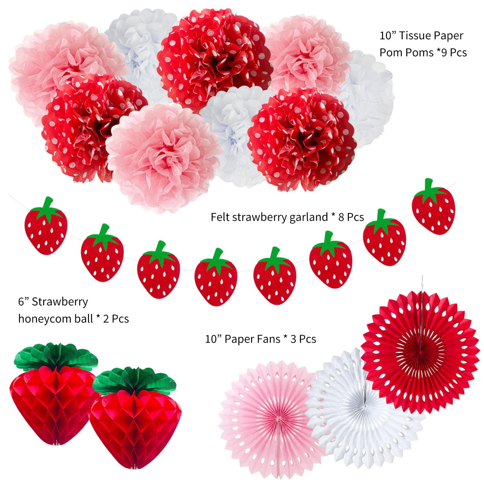Classroom Party Decor, Strawberry Theme, Pom Poms, Fans, Honeycomb, Red Pink
