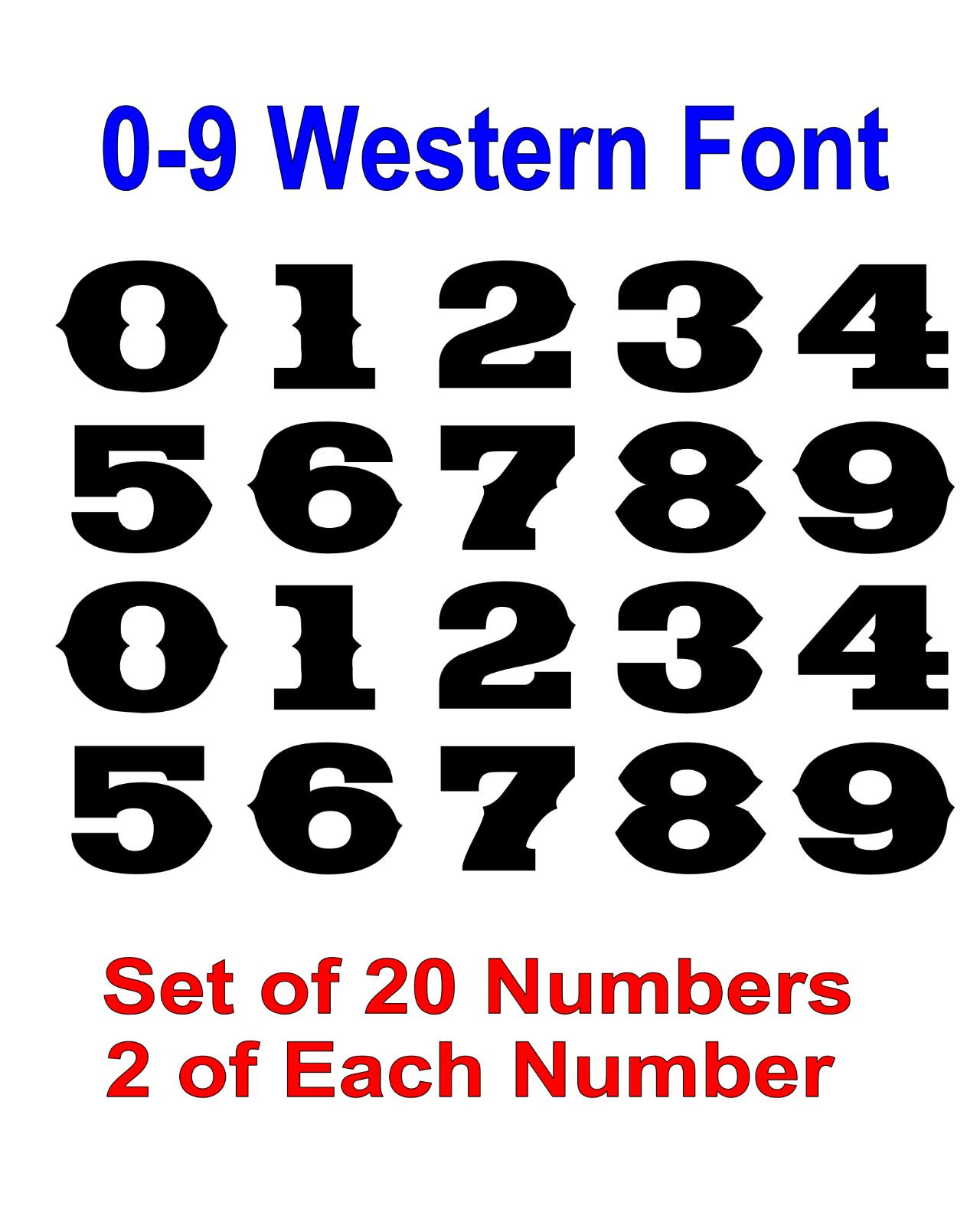 Numbers – WESTERN / Cowboy 0 9 Set of 20 – Vinyl Decals – Select Color & Size