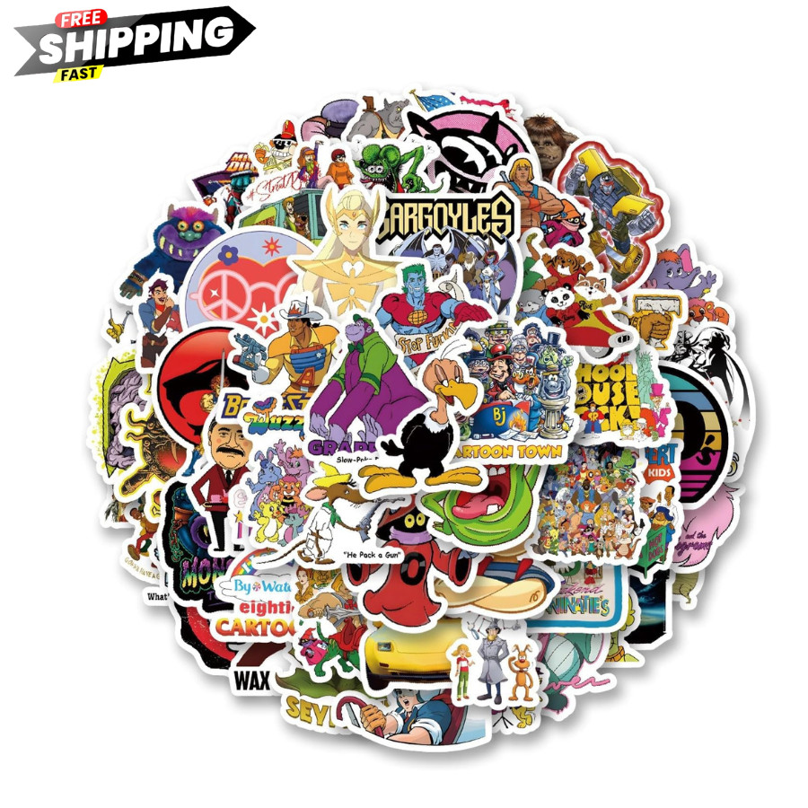 80s Cartoon Stickers Pack – 63 Vinyl Decals for Kids and Teens’ Decor