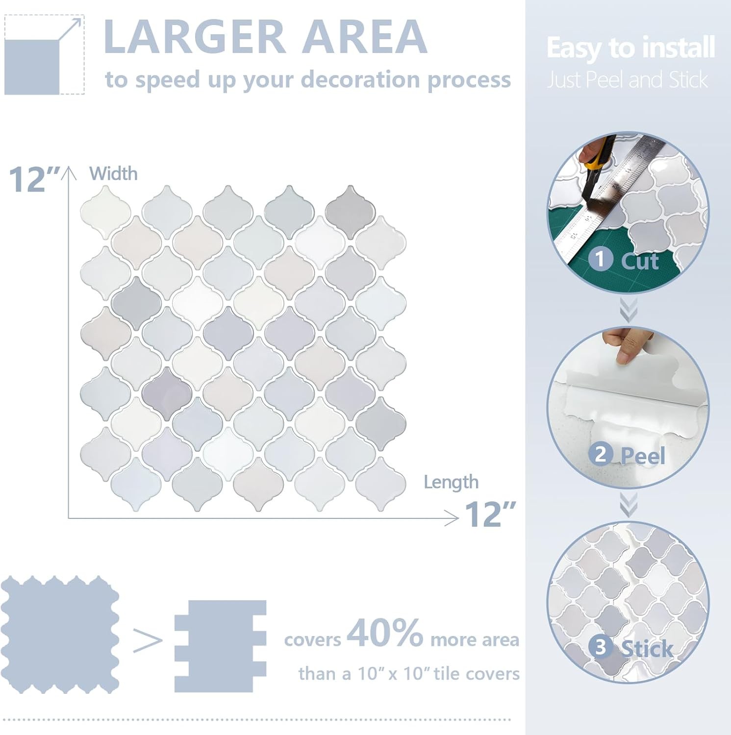 Arabesque Peel Stick Backsplash 12×12′ Self AdhesiveWall Tile Thicker Light Tone