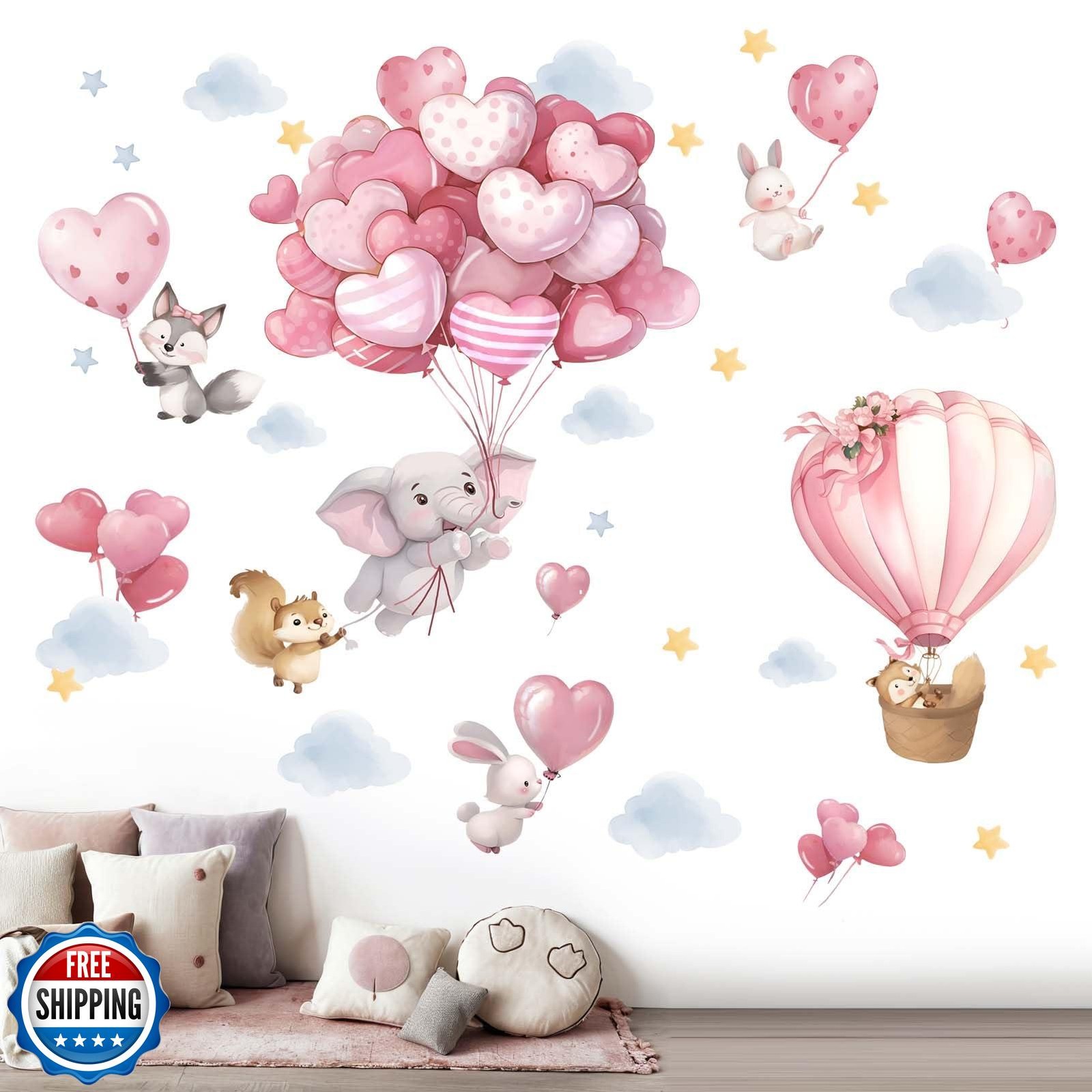 Animals Balloon Wall Stickers for Nursery: Baby Girls Kids Boys Bedroom Wall