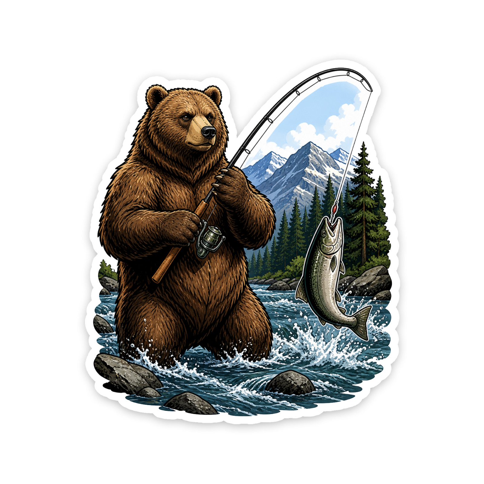 Grizzly Fisherman Sticker 4 Inch Vinyl Decal Tacklebox Outdoor Gear