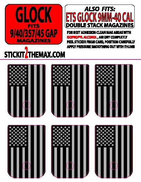 FITS GLOCK 9MM-40 CAL GREY LINE FLAG Mag Base Plate STICKERS,set of 6
