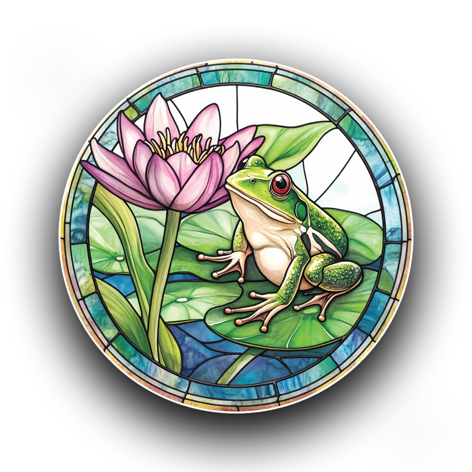 Watercolour Frog Lily Pad Flower Stained Glass Style Opaque Vinyl Sticker Decal