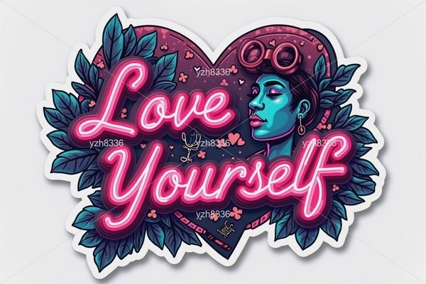 Love Yourself Sticker Vibrant Neon Text with Artistic Portrait and Floral Design