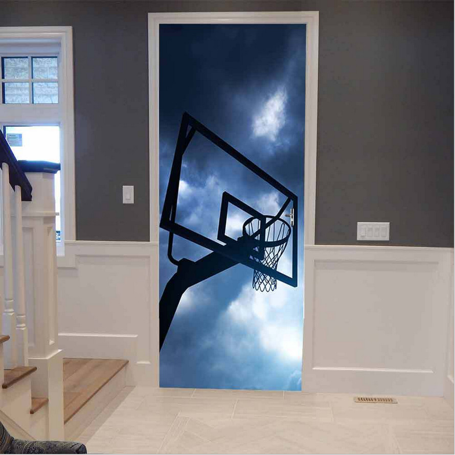 Self Adhesive Door Sticker Dark Sky Basketball Stand Wall Decor Mural Wallpaper