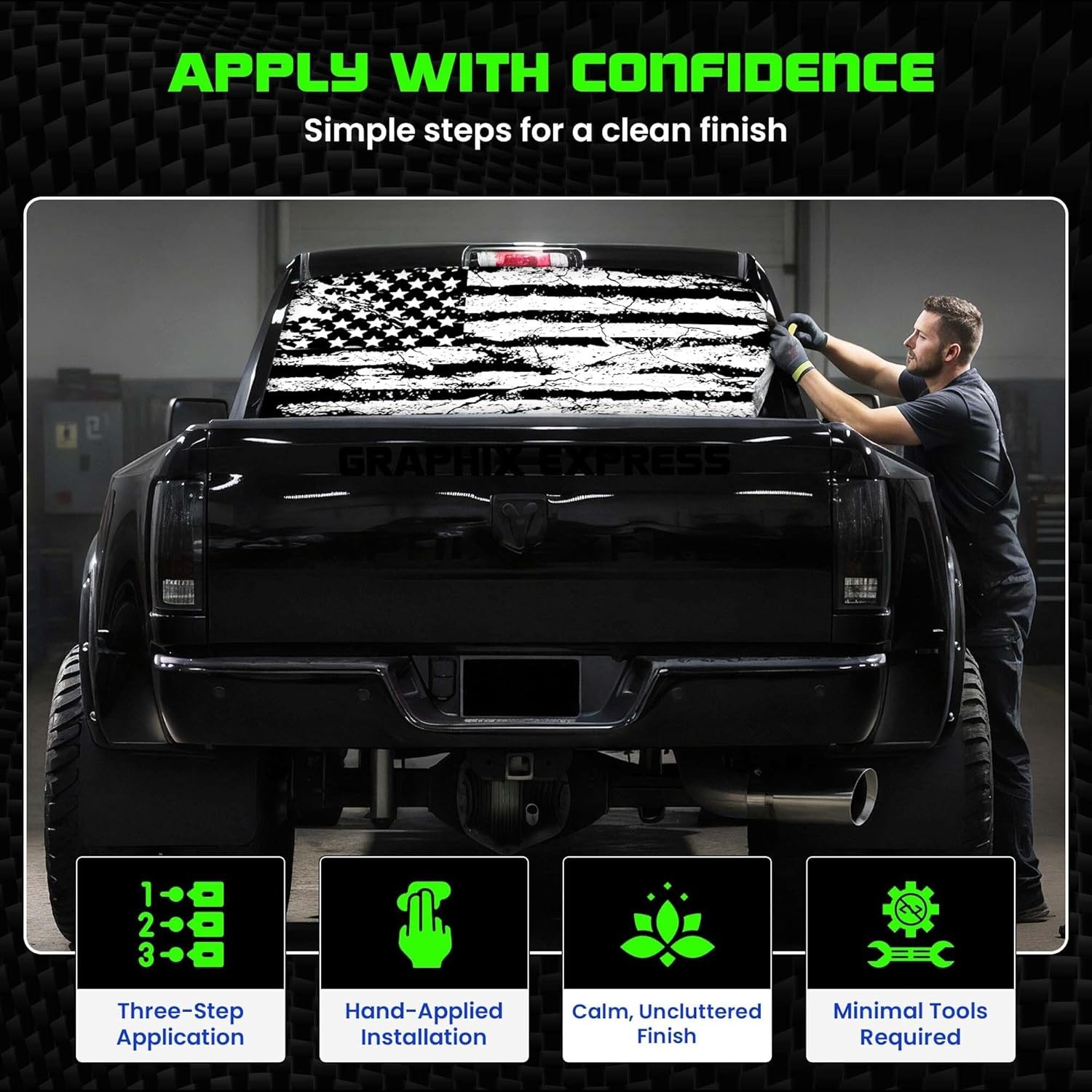 GRAPHIX EXPRESS Truck Back Window Graphics – Black and White American Flag Decal