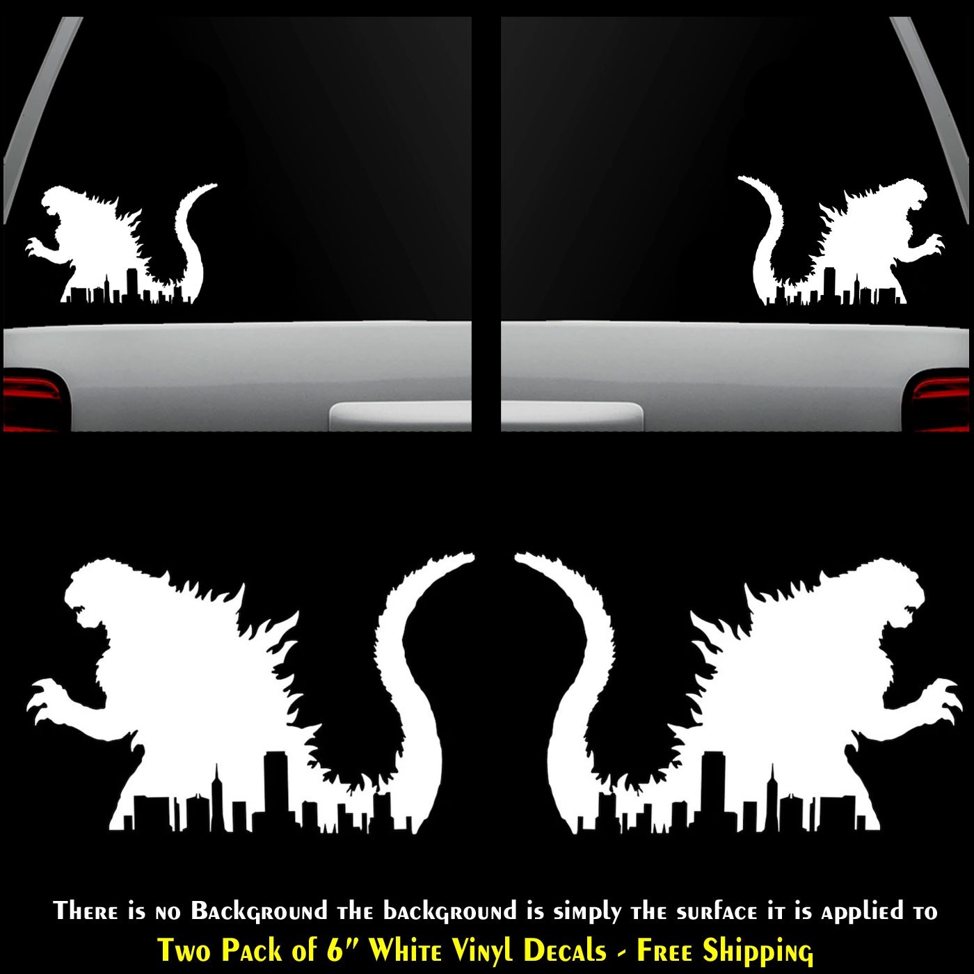 Godzilla New York Skyline Two 6″ White Decals Vehicle Window Any Flat Surface