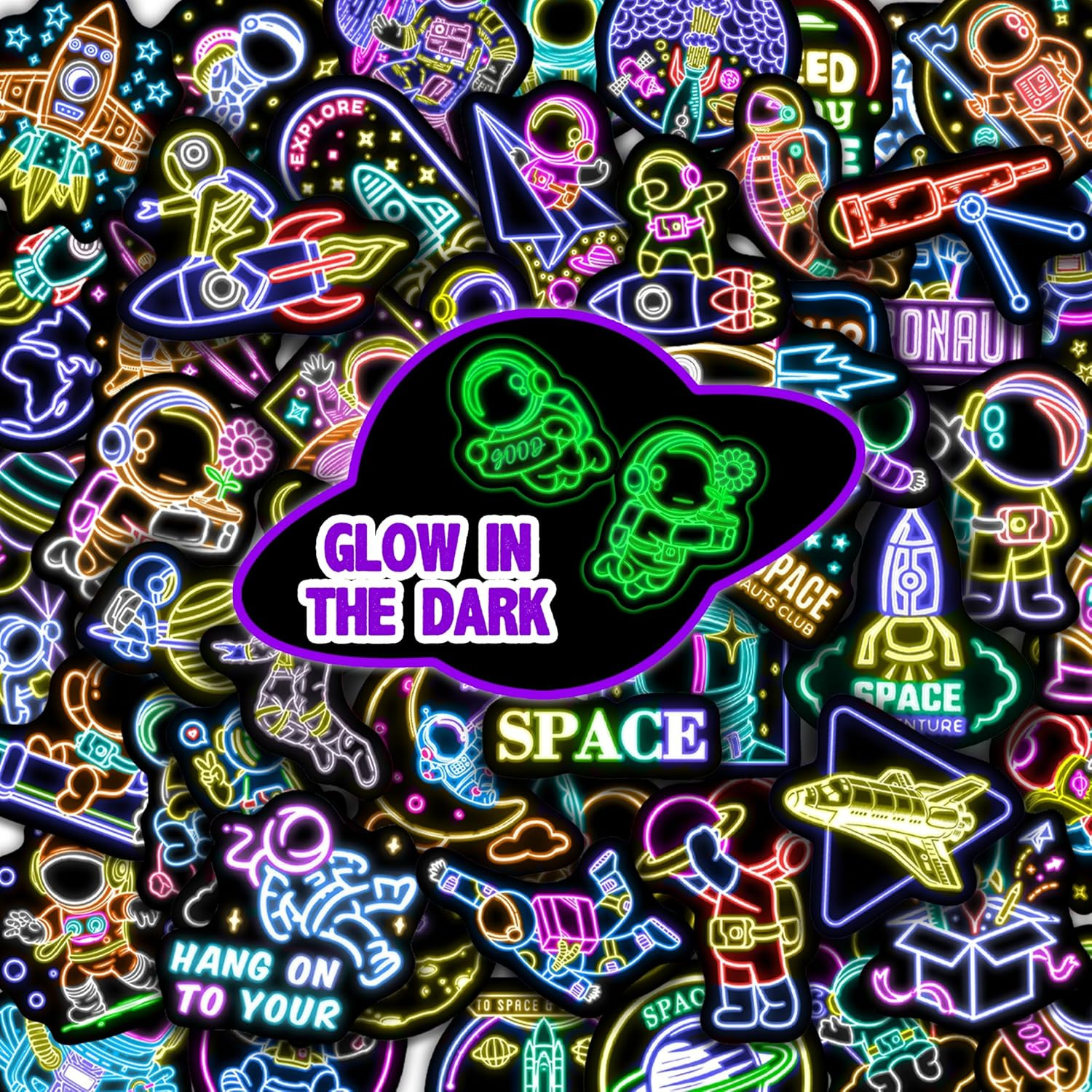 50 Pcs Glow in the Dark Space Themed Neon Stickers for Kids, Adults Waterproof V