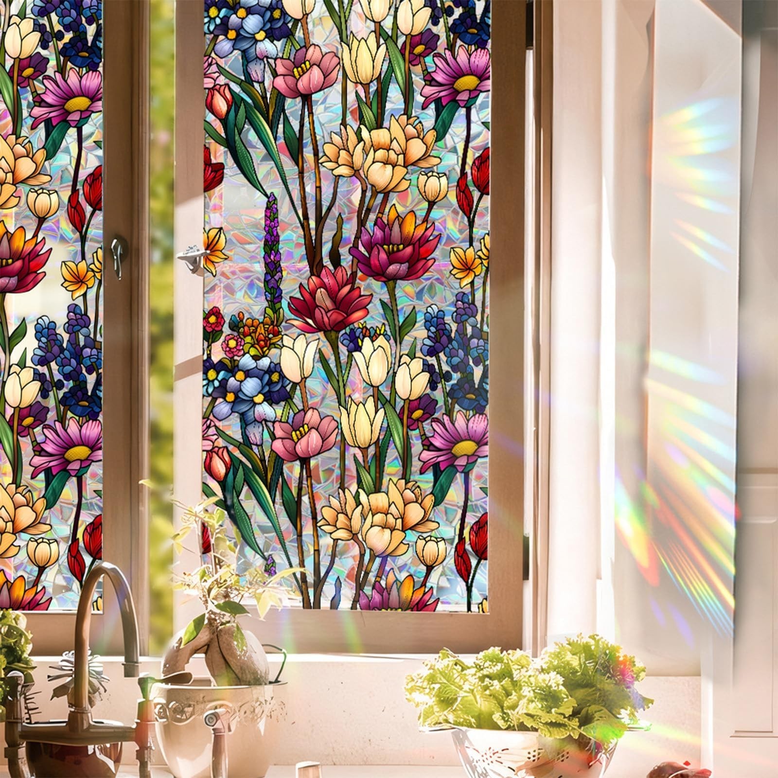 Stained Glass Window Film UV Resistant Window Privacy Film Colorful Flowers P…