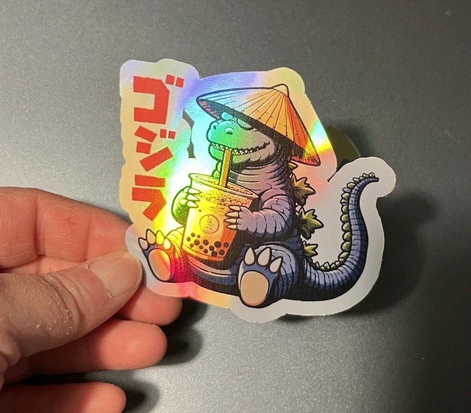 Godzilla drinking a boba tea 3 Inch Waterproof Vinyl Holographic Sticker