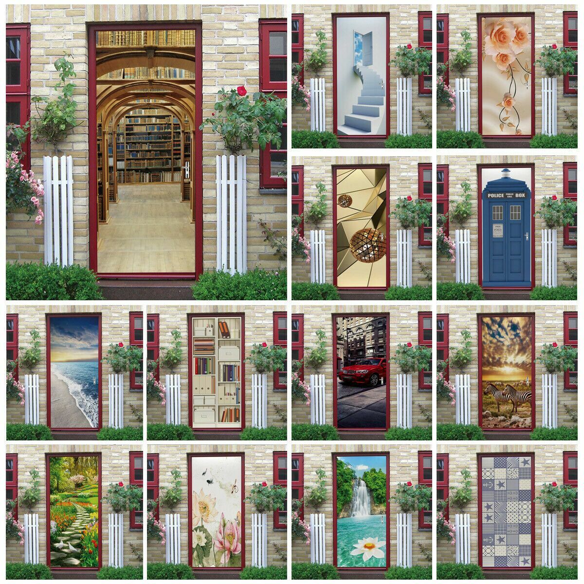 Door, Wall or Fridge STICKER – Vintage Bookshelf Flowers 3D Mural Decals Cover