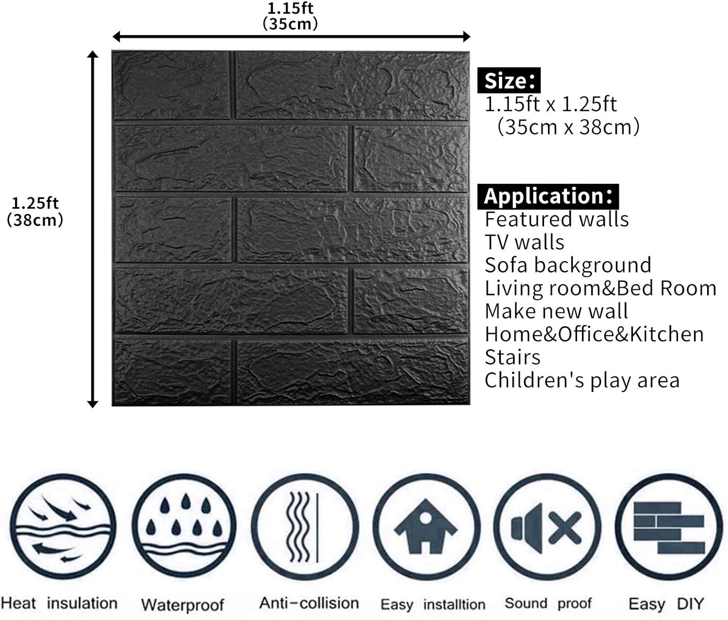 Black 3D Tile Brick Wall Sticker Self-adhesive Foam Panel Wallpaper 14.5 SQ FT