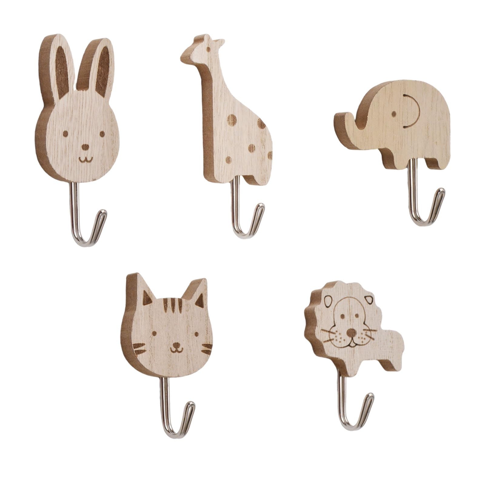 Wooden Animal Hooks, 5pcs Decorative Coat Wall Mounted Hangers Cats, Lions, R…