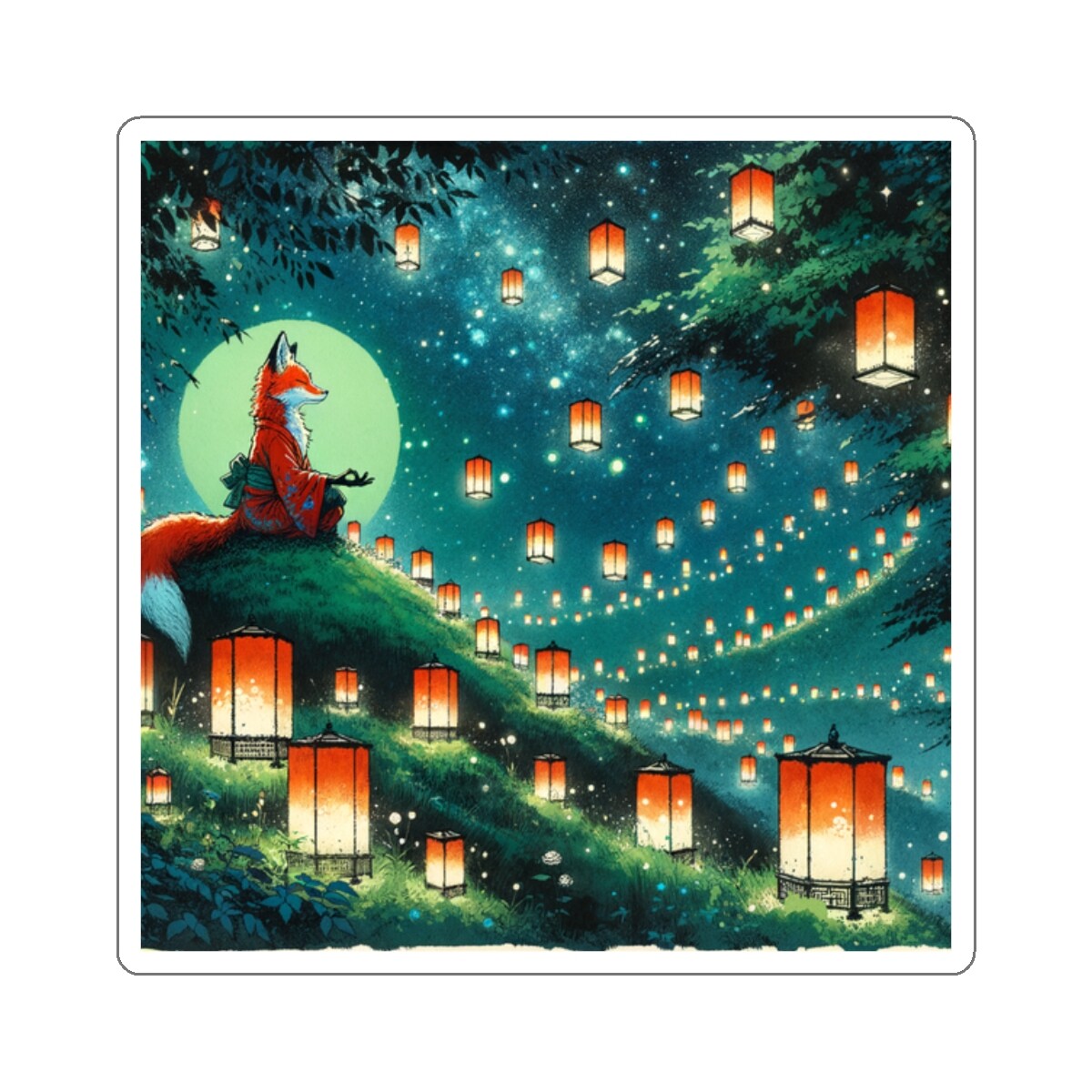 Sticker Fox Meditation Japanese Ink Lanterns Asian Animal Art 2×2 3×3 4×4 6×6