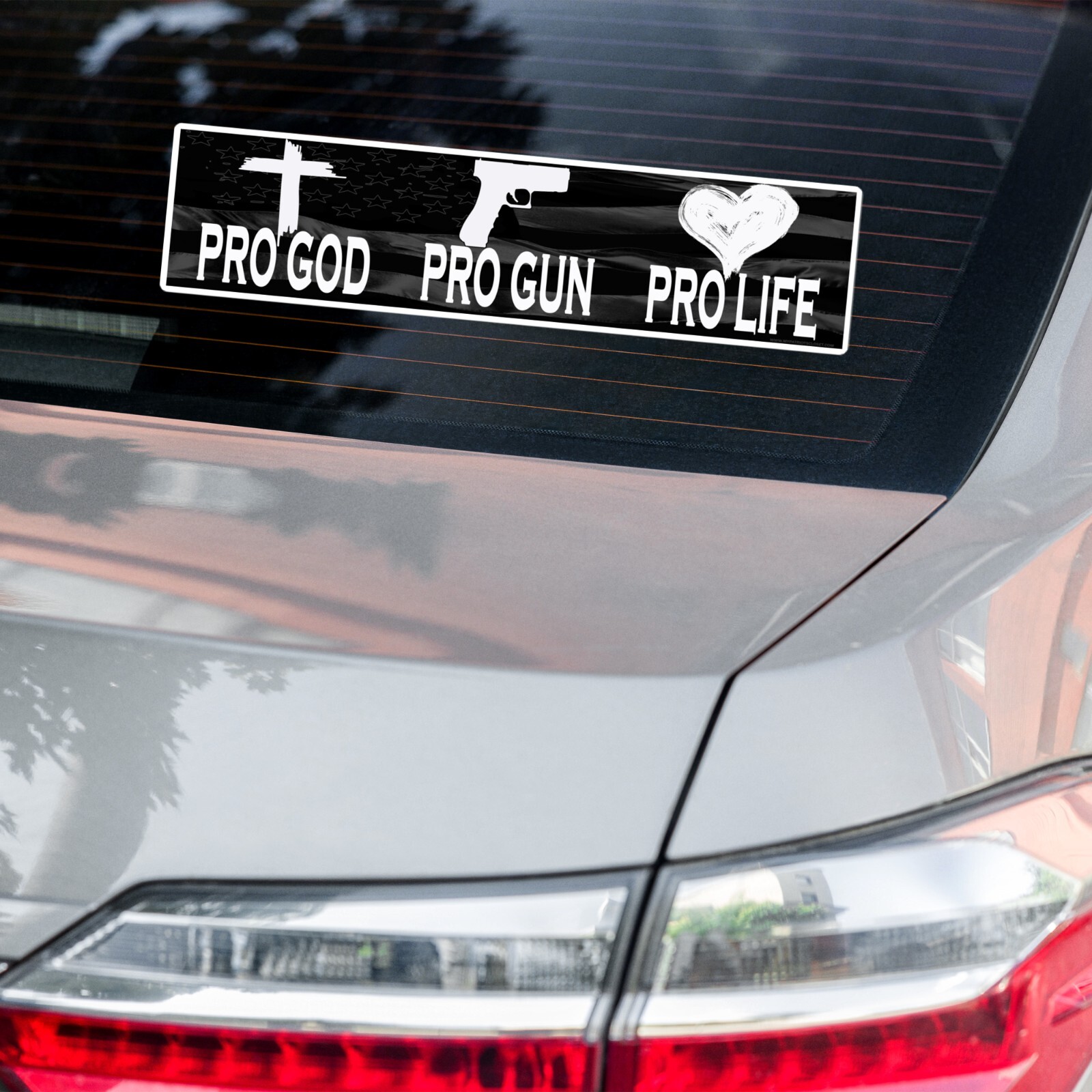 PRO GOD, PRO GUN, PRO LIFE Christian Patriot American Black Flag Bumper sticker
