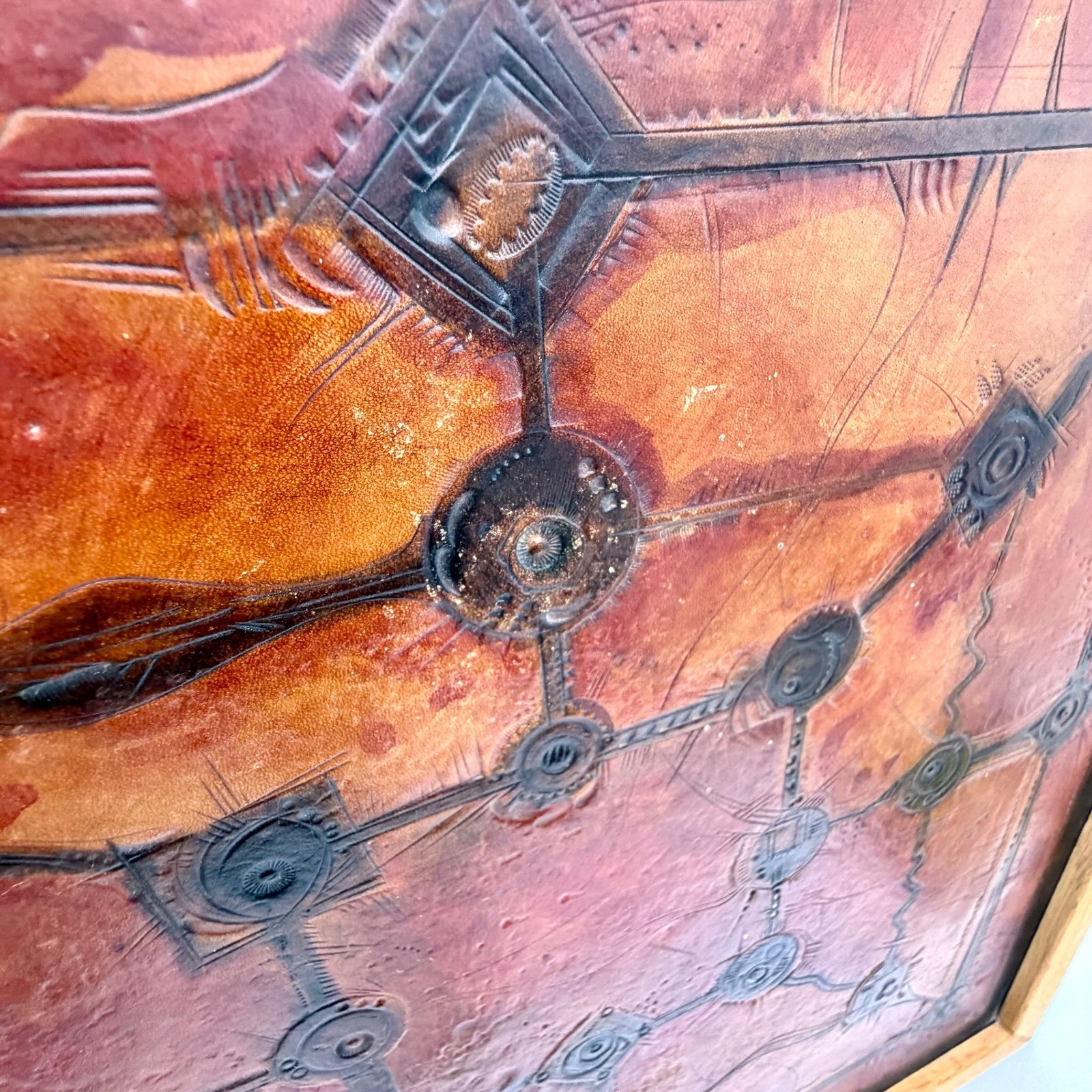 Vintage Tooled Leather Abstract Geometric Brutalist Wall Art Signed 96