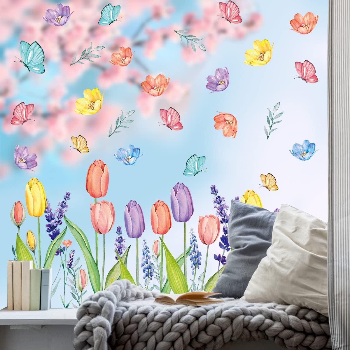 Spring Summer Window Cling Stickers 67 PCS Tulip Butterfly Flower Decals