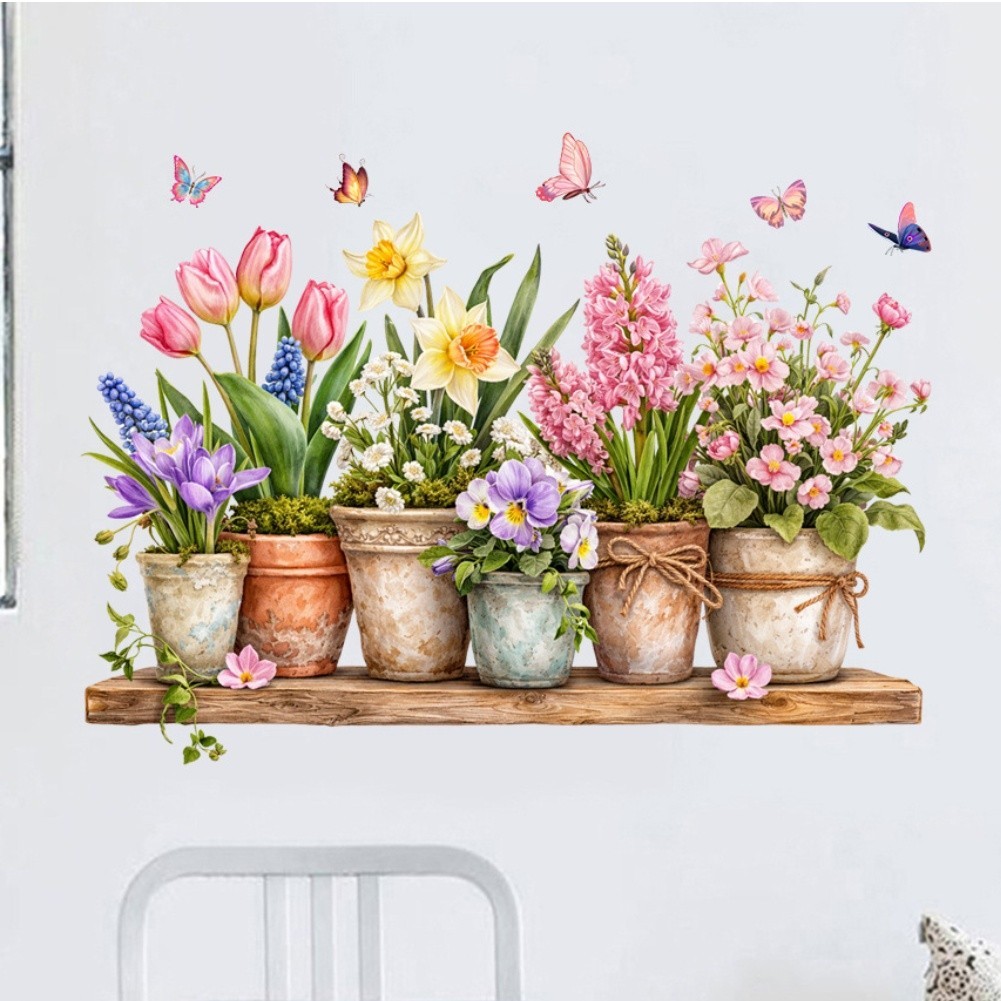 Living Room Wall Decor Tulip Floral Stickers 90x30cm Pink PVC Material