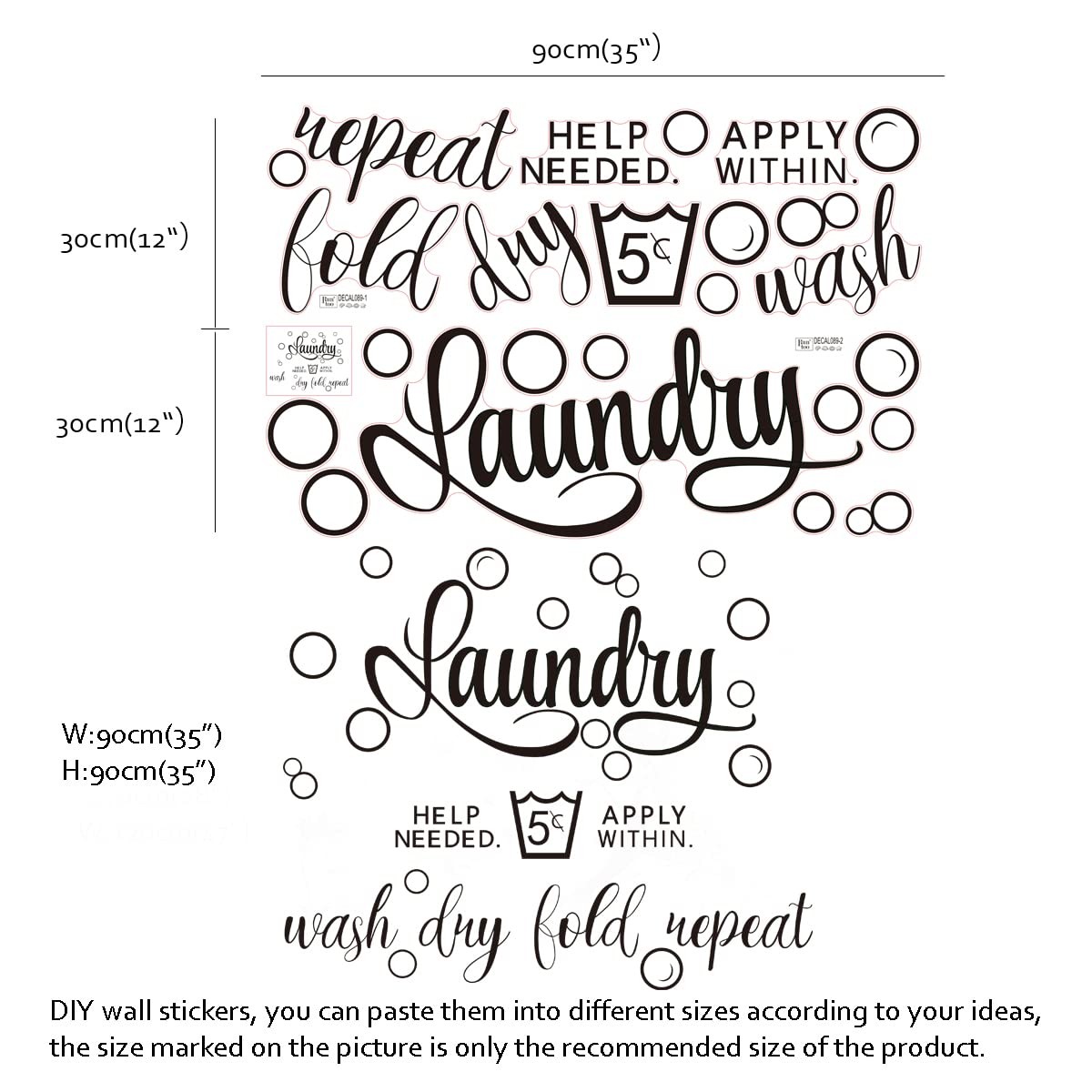 Laundry Room Wall Decals [Large] Wash Dry Fold Repeat Quotes Art Signs Sticke…