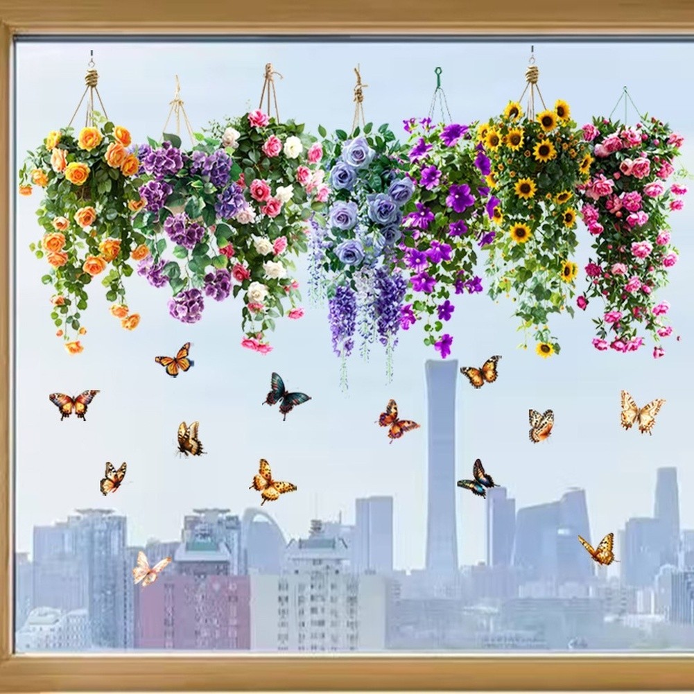 Static Cling Window Decals Floral Basket Birds Butterfly Pattern PVC Sticker