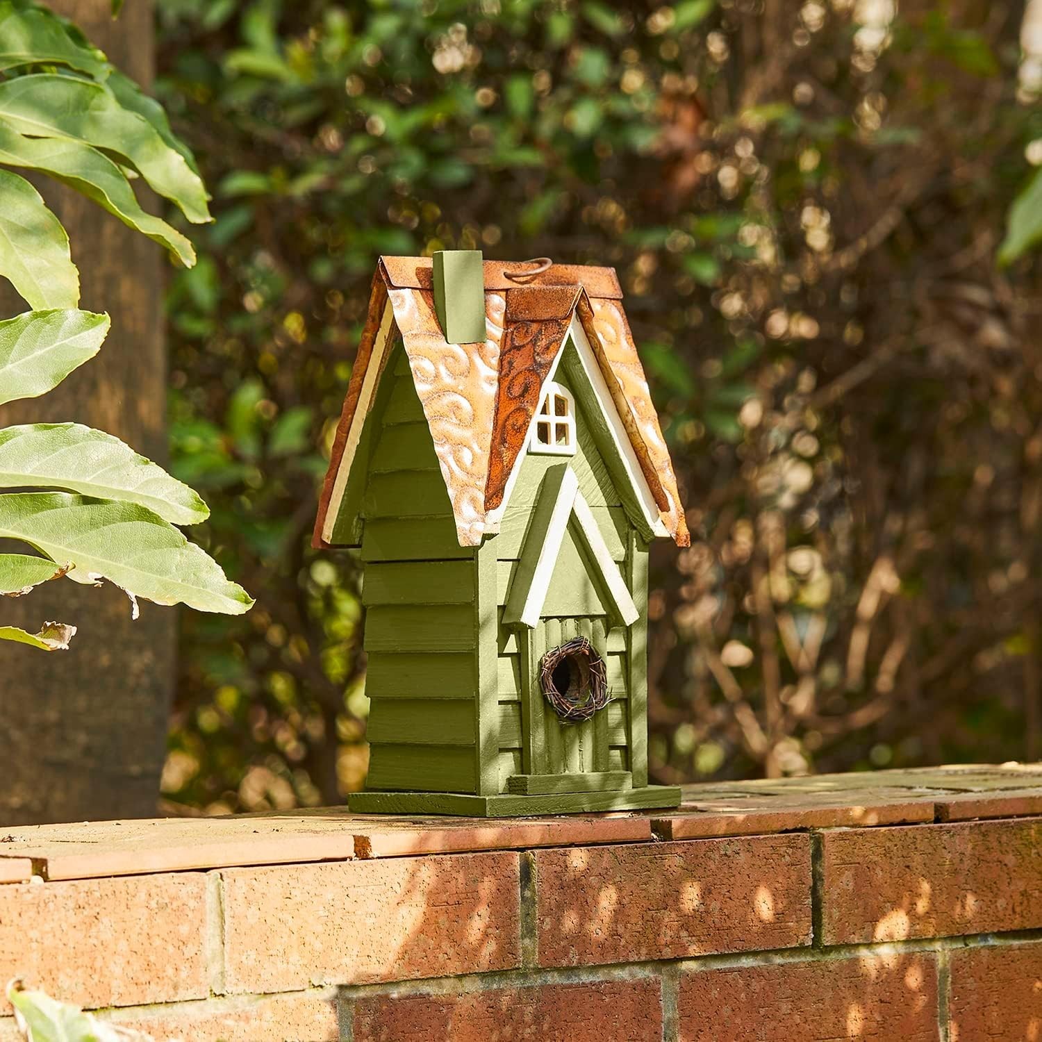 12″ H Green Hanging Distressed Solid Wood Garden Bird House Decorative Birdhouse