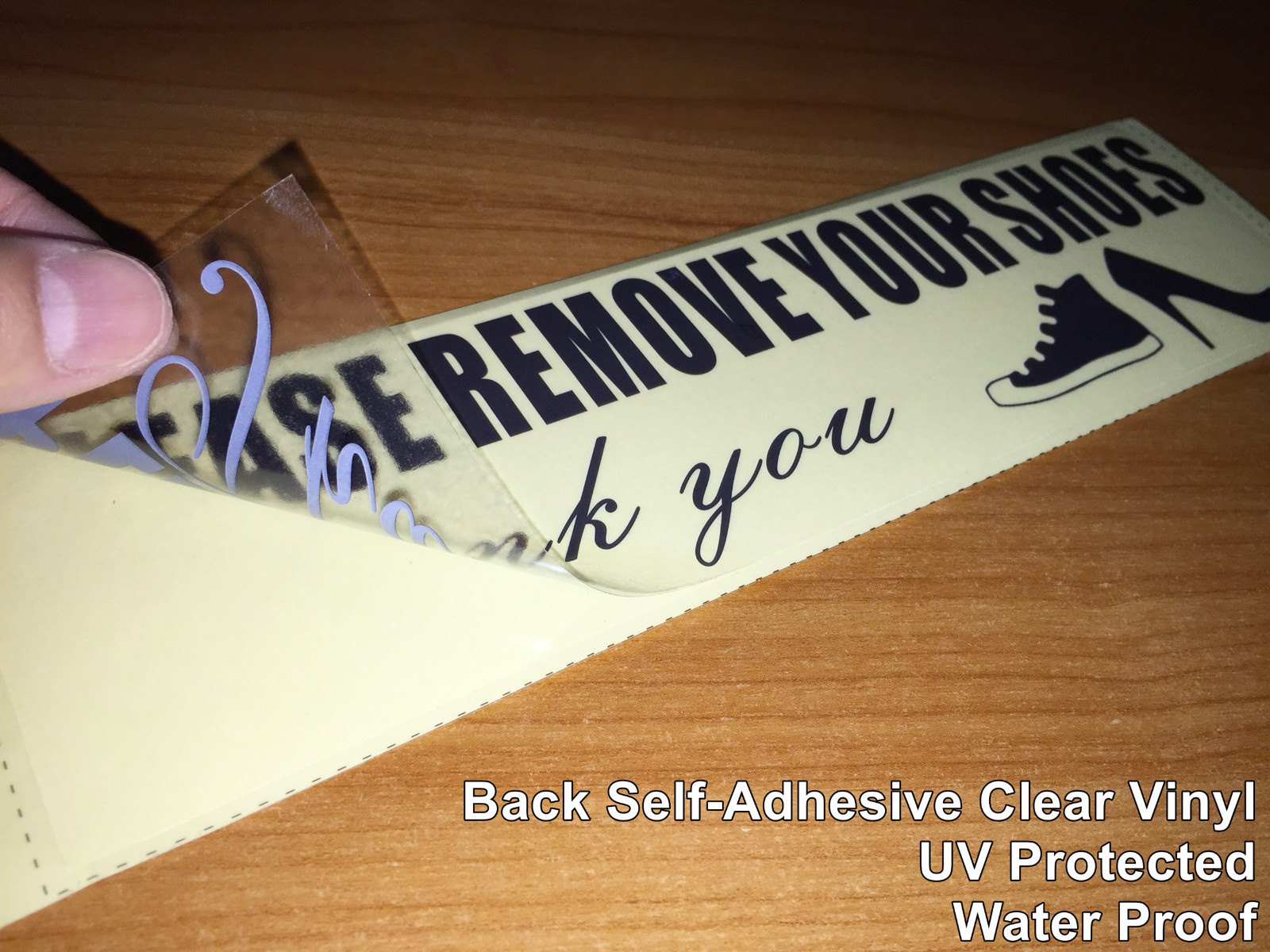 2pc 9.75″ X 2.5″ PLEASE REMOVE YOUR SHOES Back Self Adhesive Clear Vinyl Sticker