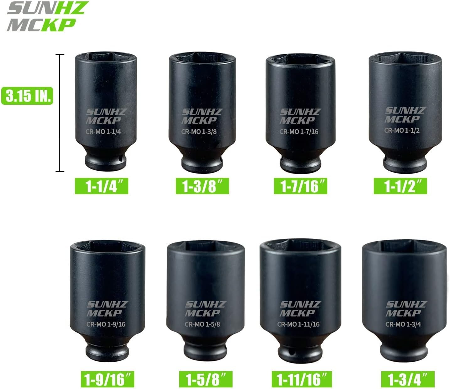 1/2″ Drive Deep 6-Point Impact Socket Set, 8-Piece Standard SAE Spindle Axle Nu