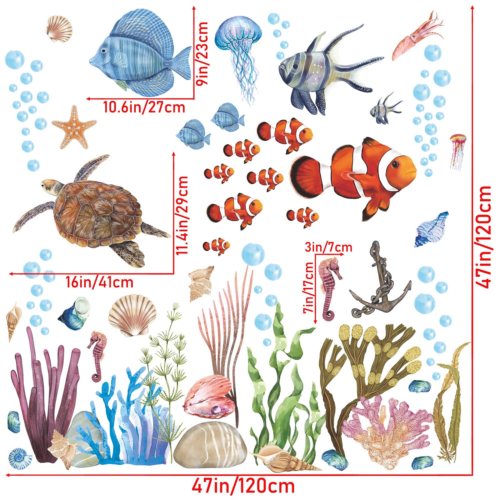 3D Ocean Wall Stickers Under The Sea Decals 12 inch x 18 inch, Blue