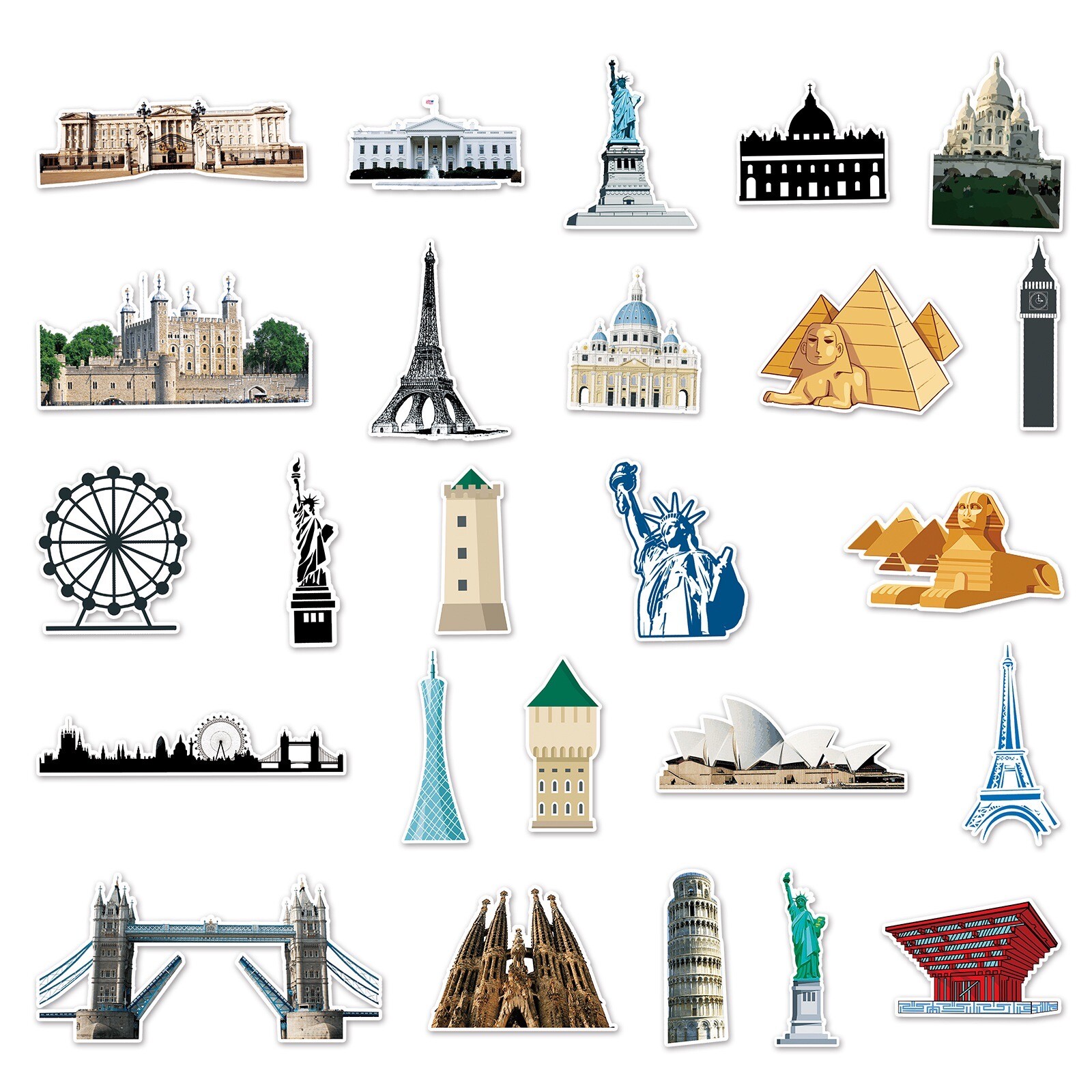 64 PCS World Landmark Stickers Architecture Decals Laptop Yeti Car Free Shipping